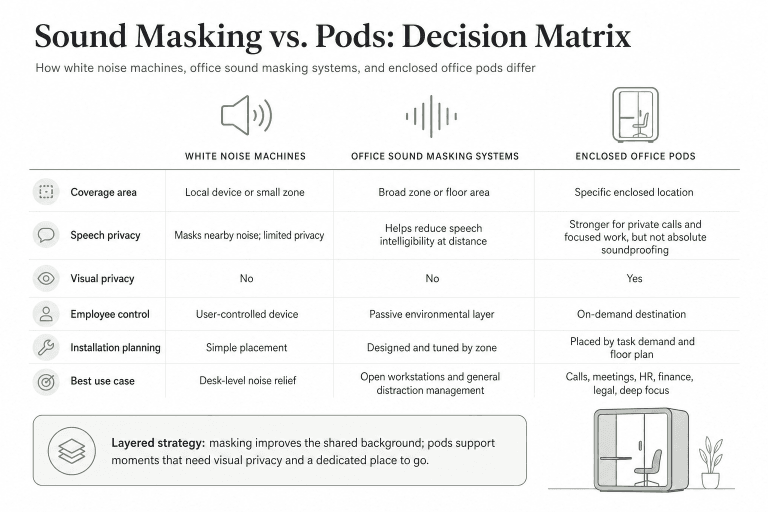 decision matrix comparing white noise machines, office sound masking system, and pods