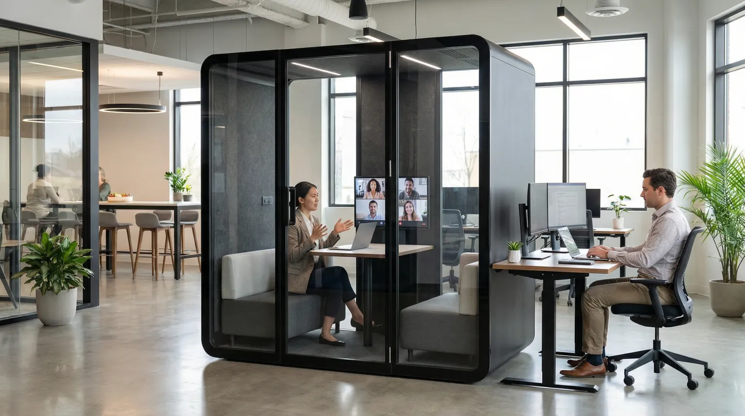 Modular meeting room used for a video conference in a modern office