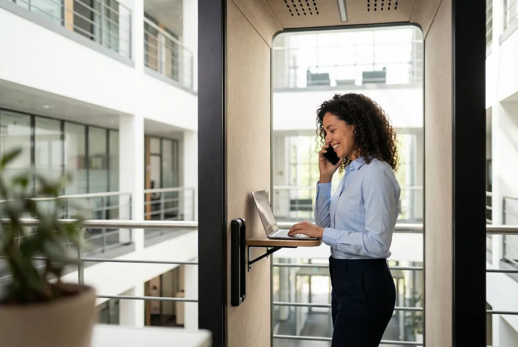 Person using a one-person office phone booth for a private call