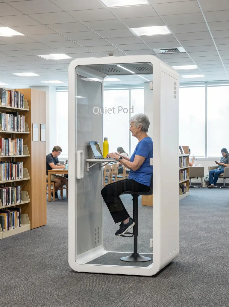 Study pod placed in a public library environment