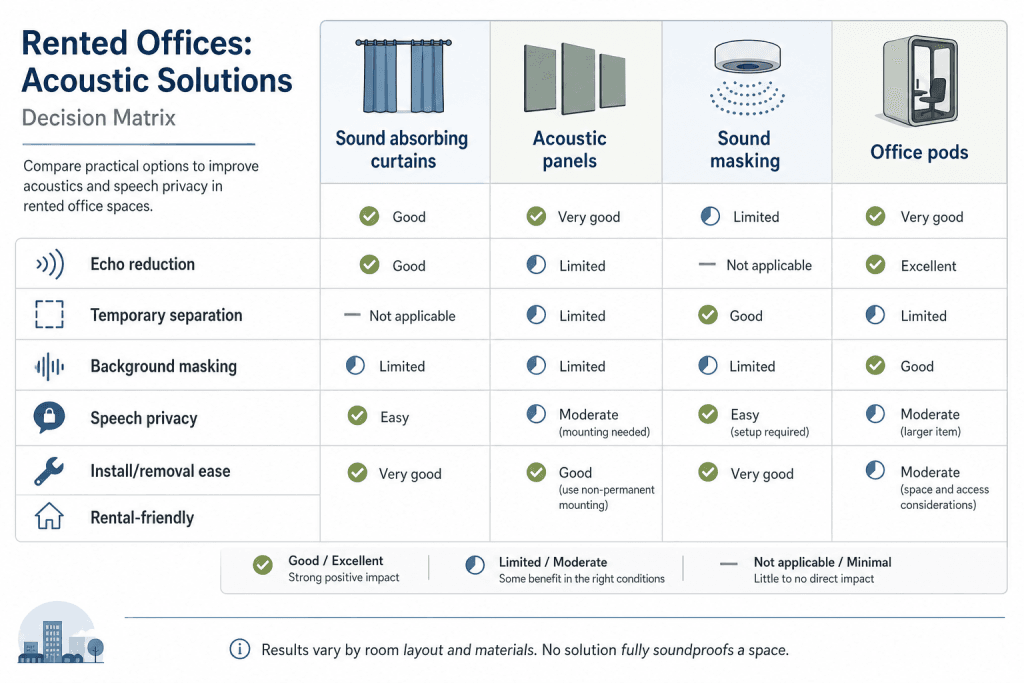 infographic met beslissingsmatrix waarin gordijnen, panelen, geluidsisolatie en kantoorpods voor gehuurde kantoren worden vergeleken