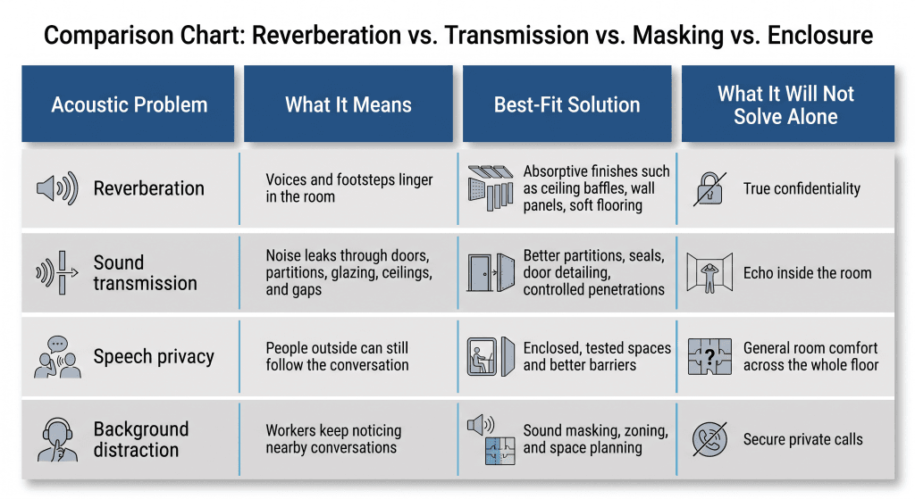 office soundproofing comparison chart: reverberation vs transmission vs masking vs enclosure