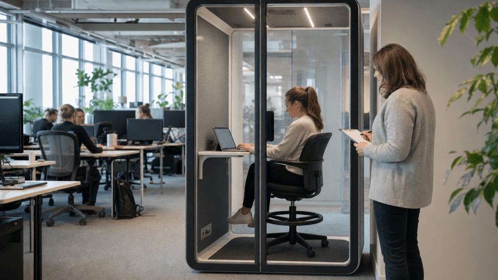Employee testing a computer workstation inside an enclosed work pod while a workplace planner reviews the setup